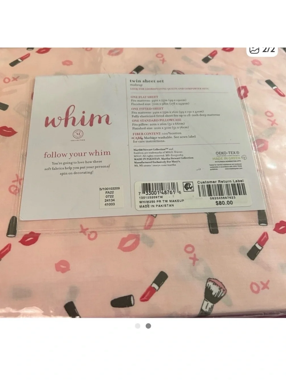 NW.T Whim Pink Cosmetic Lipstick Polish Print Twin Sheet Set